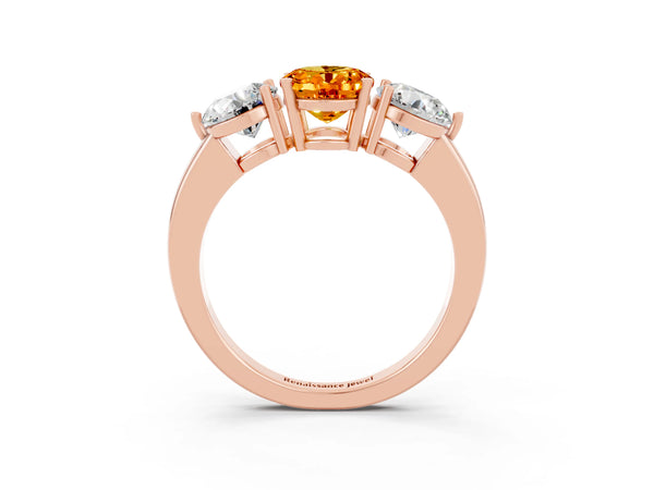 Rose gold Oval Cut Citrine Three-Stone Ring with Prong Setting and Classic Band