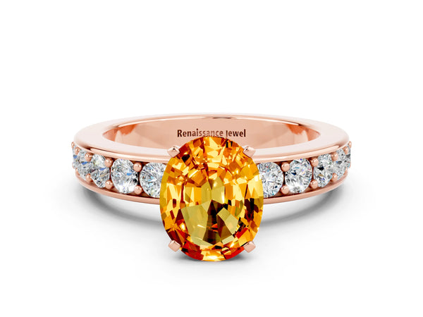Rose gold Oval Cut Citrine Engagement Ring with Channel Set Round  Band and Prong Setting