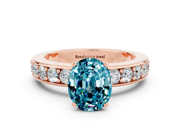Rose gold Oval Cut Blue Topaz Engagement Ring with Channel Set Round  Band and Prong Setting