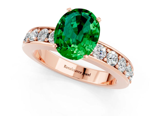 Rose gold Oval Cut Emerald Engagement Ring with Channel Set Round  Band and Prong Setting