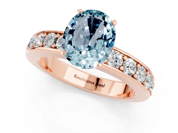 Rose gold Oval Cut Aquamarine Engagement Ring with Channel Set Round  Band and Prong Setting