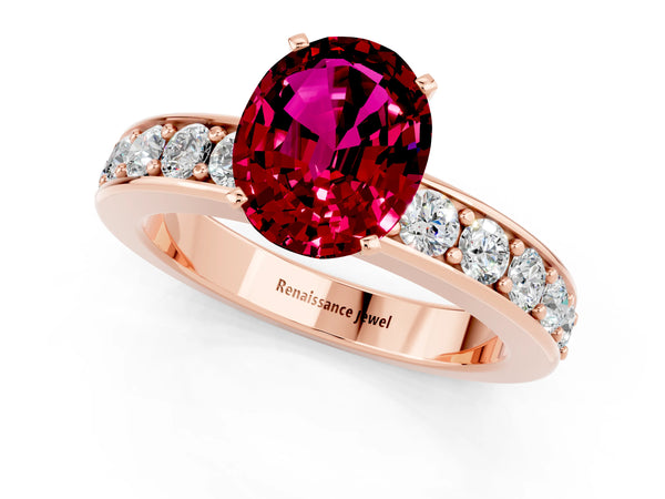 Rose gold Oval Cut Garnet Engagement Ring with Channel Set Round  Band and Prong Setting