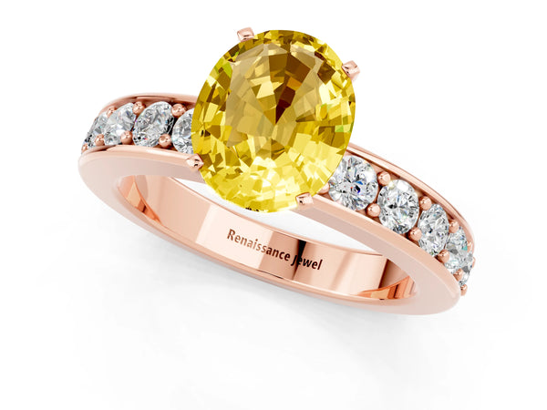 Rose gold Oval Cut Yellow Sapphire Engagement Ring with Channel Set Round  Band and Prong Setting