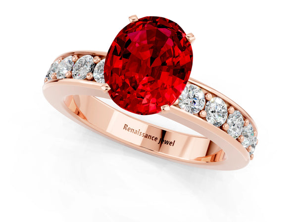 Rose gold Oval Cut Ruby Engagement Ring with Channel Set Round  Band and Prong Setting