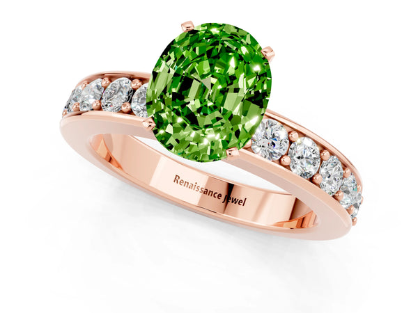 Rose gold Oval Cut Peridot Engagement Ring with Channel Set Round  Band and Prong Setting