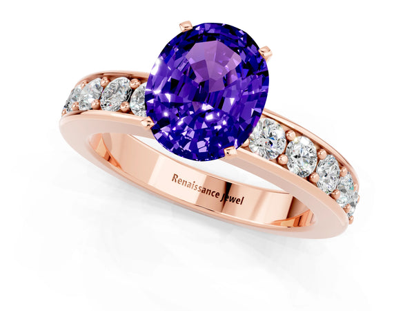 Rose gold Oval Cut Tanzanite Engagement Ring with Channel Set Round  Band and Prong Setting