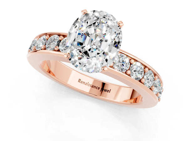 Rose gold Oval Cut Moissanite Engagement Ring with Channel Set Round  Band and Prong Setting