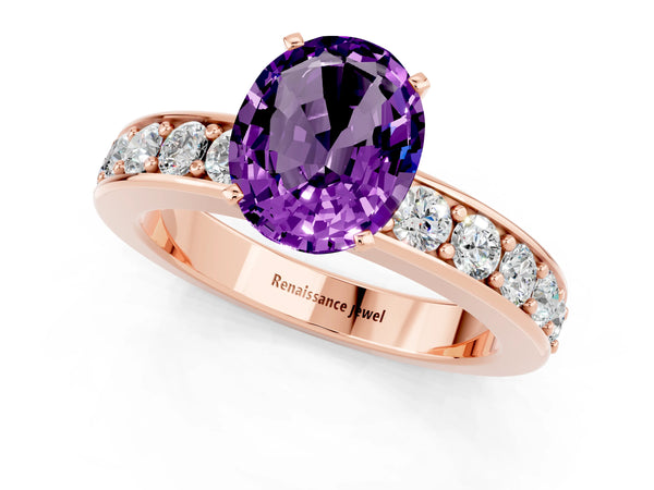 Rose gold Oval Cut Amethyst Engagement Ring with Channel Set Round  Band and Prong Setting