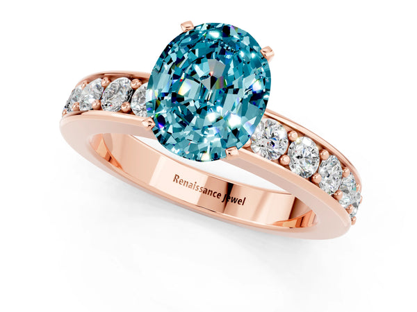 Rose gold Oval Cut Blue Topaz Engagement Ring with Channel Set Round  Band and Prong Setting