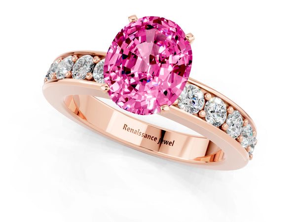Rose gold Oval Cut Pink Sapphire Engagement Ring with Channel Set Round  Band and Prong Setting