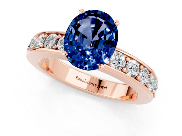Rose gold Oval Cut Blue Sapphire Engagement Ring with Channel Set Round  Band and Prong Setting