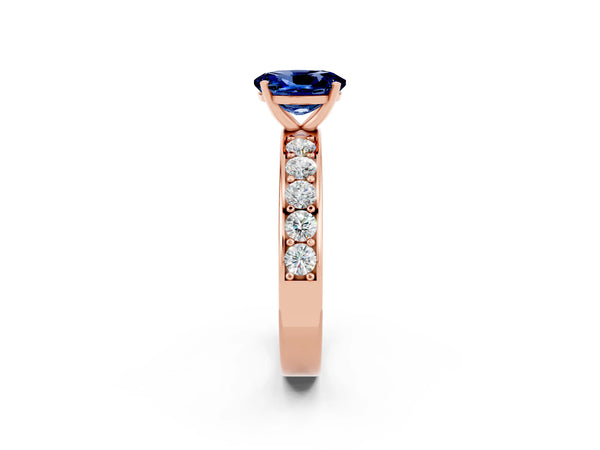 Rose gold Oval Cut Blue Sapphire Engagement Ring with Channel Set Round  Band and Prong Setting