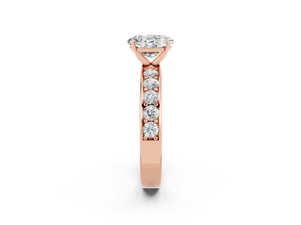 Rose gold Oval Cut Moissanite Engagement Ring with Channel Set Round  Band and Prong Setting