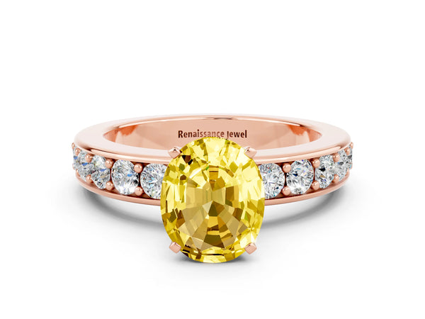 Rose gold Oval Cut Yellow Sapphire Engagement Ring with Channel Set Round  Band and Prong Setting