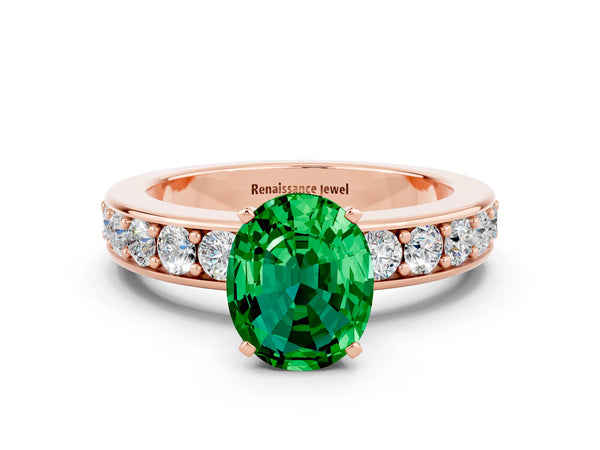 Rose gold Oval Cut Emerald Engagement Ring with Channel Set Round  Band and Prong Setting