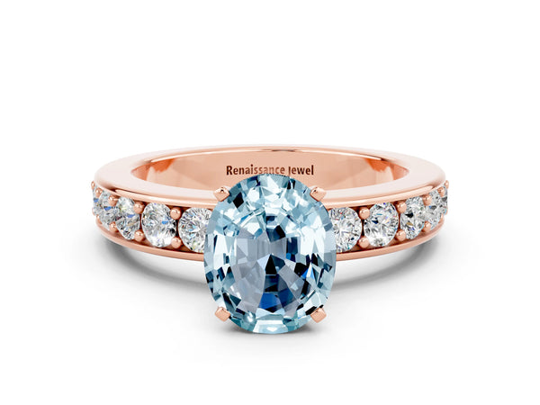 Rose gold Oval Cut Aquamarine Engagement Ring with Channel Set Round  Band and Prong Setting