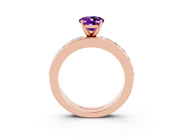 Rose gold Oval Cut Amethyst Engagement Ring with Channel Set Round  Band and Prong Setting