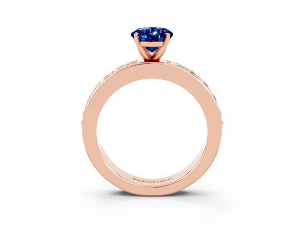 Rose gold Oval Cut Blue Sapphire Engagement Ring with Channel Set Round  Band and Prong Setting