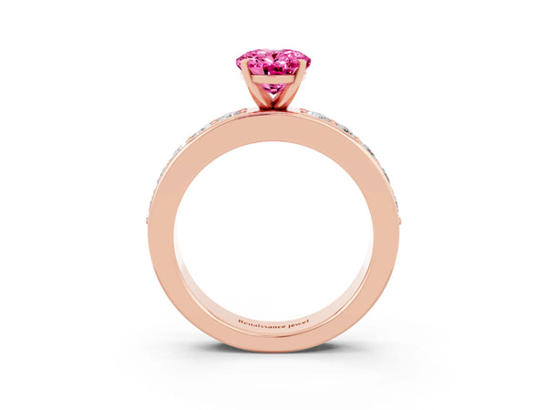 Rose gold Oval Cut Pink Sapphire Engagement Ring with Channel Set Round  Band and Prong Setting