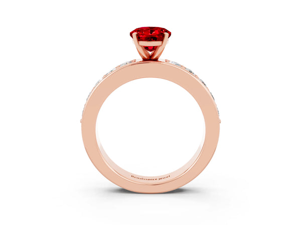 Rose gold Oval Cut Ruby Engagement Ring with Channel Set Round  Band and Prong Setting