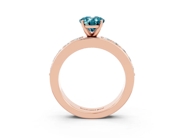 Rose gold Oval Cut Blue Topaz Engagement Ring with Channel Set Round  Band and Prong Setting