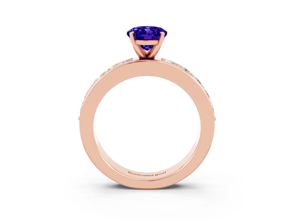 Rose gold Oval Cut Tanzanite Engagement Ring with Channel Set Round  Band and Prong Setting
