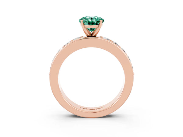 Rose gold Oval Cut Green Sapphire Engagement Ring with Channel Set Round  Band and Prong Setting