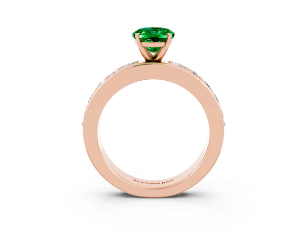 Rose gold Oval Cut Emerald Engagement Ring with Channel Set Round  Band and Prong Setting