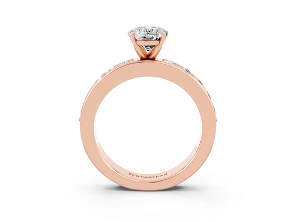 Rose gold Oval Cut Moissanite Engagement Ring with Channel Set Round  Band and Prong Setting