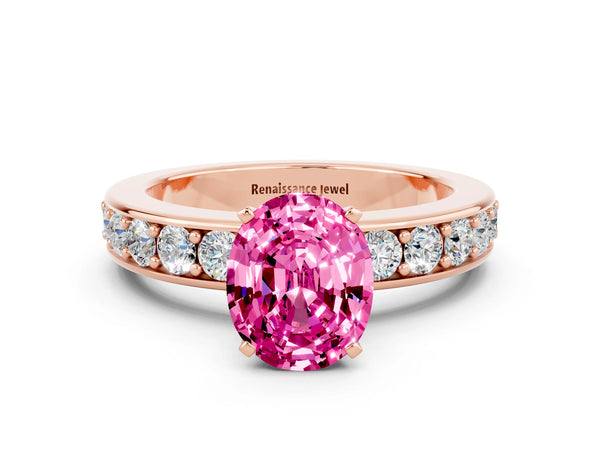 Rose gold Oval Cut Pink Sapphire Engagement Ring with Channel Set Round  Band and Prong Setting