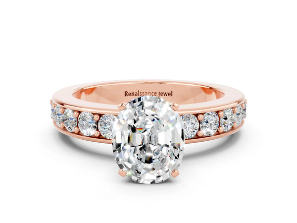 Rose gold Oval Cut Moissanite Engagement Ring with Channel Set Round  Band and Prong Setting