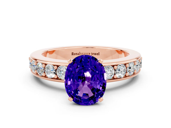 Rose gold Oval Cut Tanzanite Engagement Ring with Channel Set Round  Band and Prong Setting