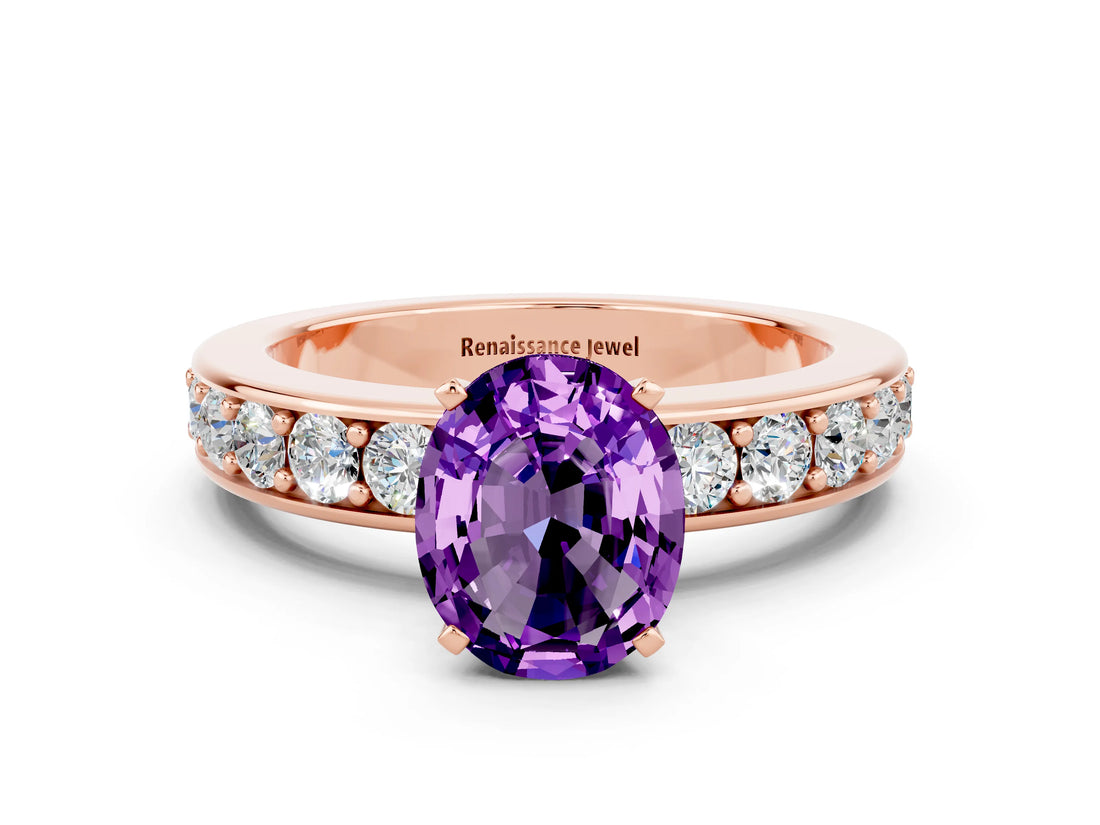 Rose gold Oval Cut Cut Channel Set Diamond Engagement Ring with Four-Prong Setting