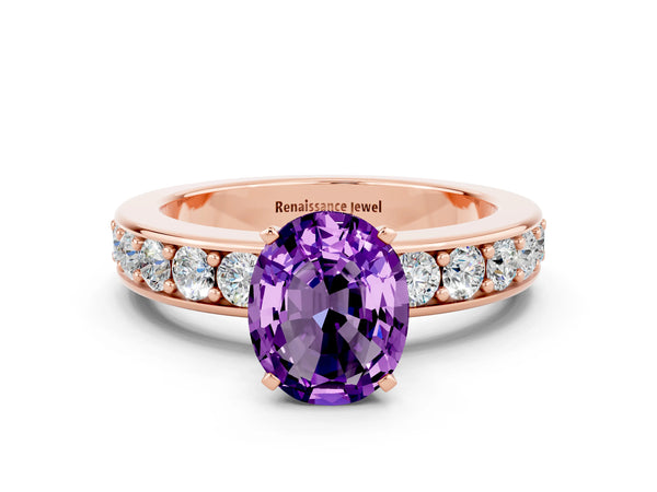 Rose gold Oval Cut Amethyst Engagement Ring with Channel Set Round  Band and Prong Setting