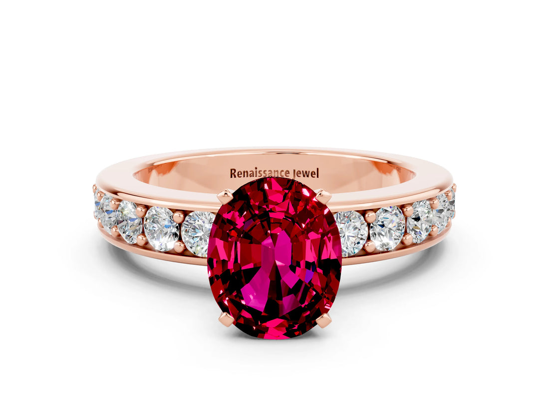Rose gold Oval Cut Cut Channel Set Diamond Engagement Ring with Four-Prong Setting