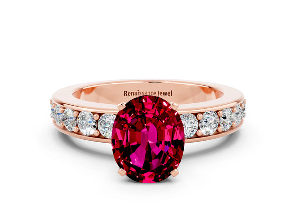 Rose gold Oval Cut Garnet Engagement Ring with Channel Set Round  Band and Prong Setting