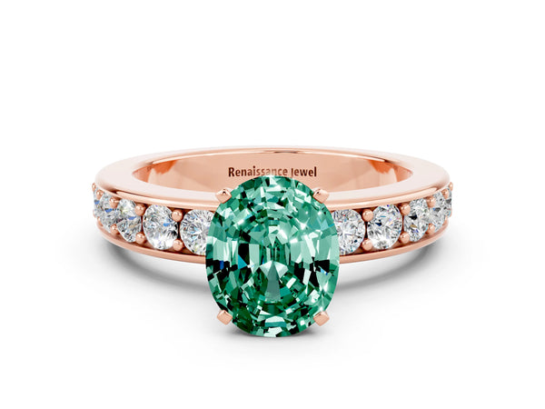 Rose gold Oval Cut Green Sapphire Engagement Ring with Channel Set Round  Band and Prong Setting
