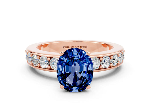 Rose gold Oval Cut Blue Sapphire Engagement Ring with Channel Set Round  Band and Prong Setting