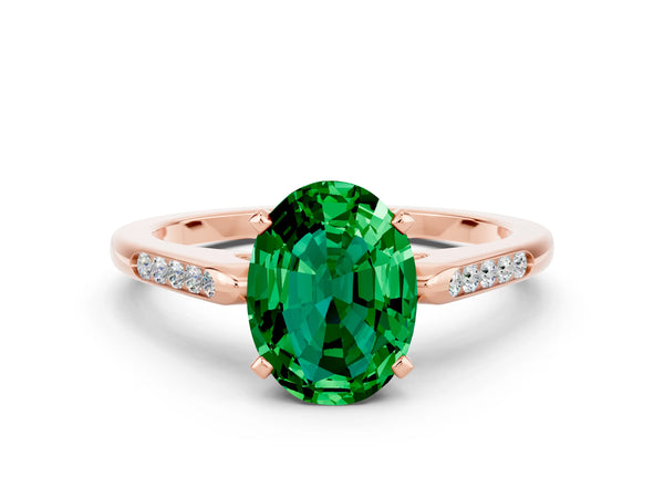 Rose gold Oval Cut Emerald Solitaire Ring with Channel Set Round Band and Prong Setting