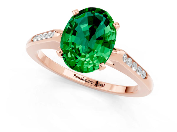 Rose gold Oval Cut Emerald Solitaire Ring with Channel Set Round Band and Prong Setting