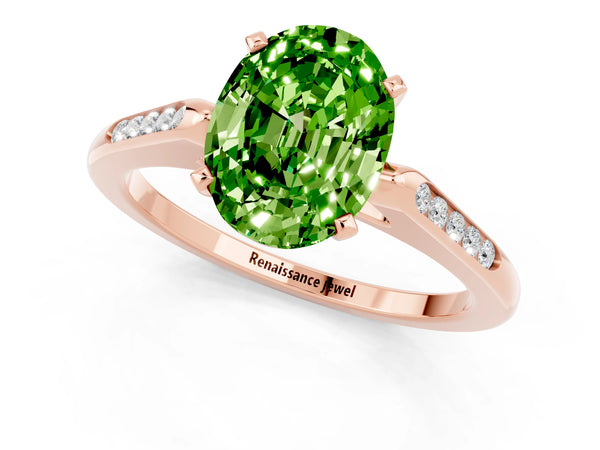 Rose gold Oval Cut Peridot Solitaire Ring with Channel Set Round Band and Prong Setting