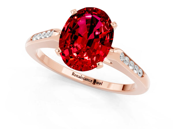 Rose gold Oval Cut Ruby Solitaire Ring with Channel Set Round Band and Prong Setting