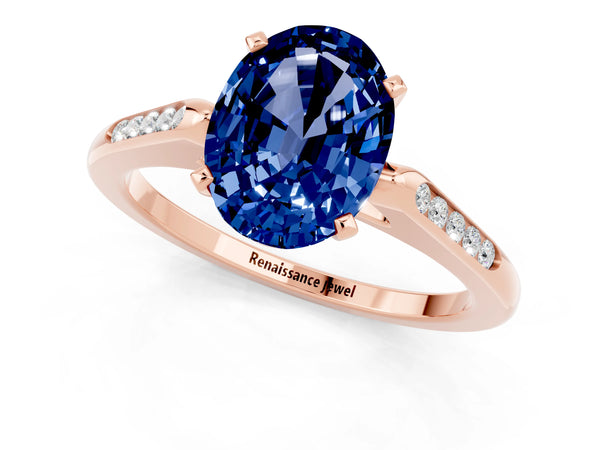 Rose gold Oval Cut Blue Sapphire Solitaire Ring with Channel Set Round Band and Prong Setting