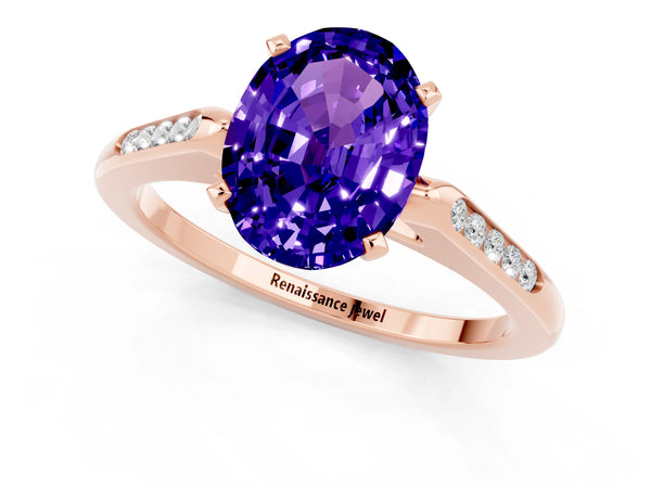 Rose gold Oval Cut Tanzanite Solitaire Ring with Channel Set Round Band and Prong Setting