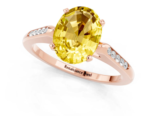 Rose gold Oval Cut Yellow Sapphire Solitaire Ring with Channel Set Round Band and Prong Setting