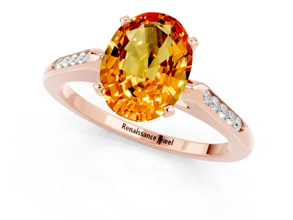 Rose gold Oval Cut Citrine Solitaire Ring with Channel Set Round Band and Prong Setting