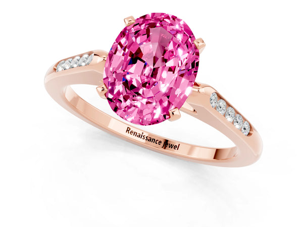 Rose gold Oval Cut Pink Sapphire Solitaire Ring with Channel Set Round Band and Prong Setting