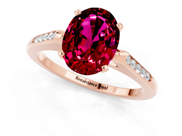 Rose gold Oval Cut Garnet Solitaire Ring with Channel Set Round Band and Prong Setting