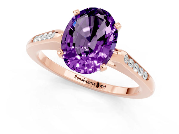 Rose gold Oval Cut Amethyst Solitaire Ring with Channel Set Round Band and Prong Setting