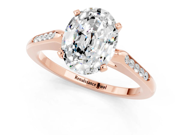 Rose gold Oval Cut Moissanite Solitaire Ring with Channel Set Round Band and Prong Setting